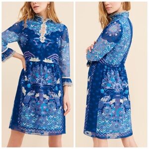 Anna Sui Peacock Shift Dress Mini Purple Blue Printed Size 9